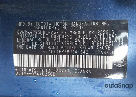 2008 Toyota Camry Le z USA, uszkodzony, nr VIN 4T1BE46K88U241542